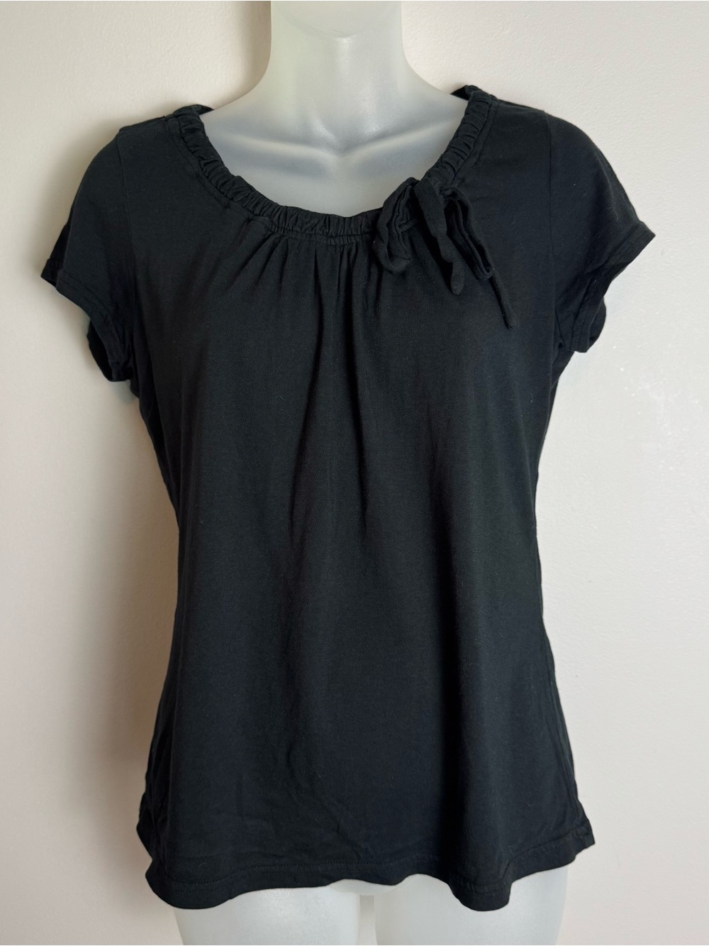 Vintage 90s Merona Black Short Sleeve Tie-Detail Scoop Neck Top Size Medium